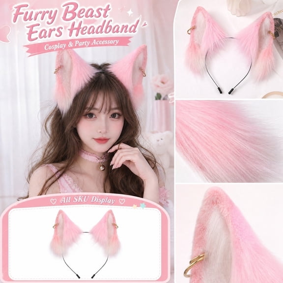 Cat Wolf Fox Dog Ears Headband Handmade Faux fur Cosplay Halloween Costume Party,Handmade Animal Furry Ears Hair Hoop,Realistic Animal Ear Costume Accessory for Party Anime Cos Lolita Dress Up