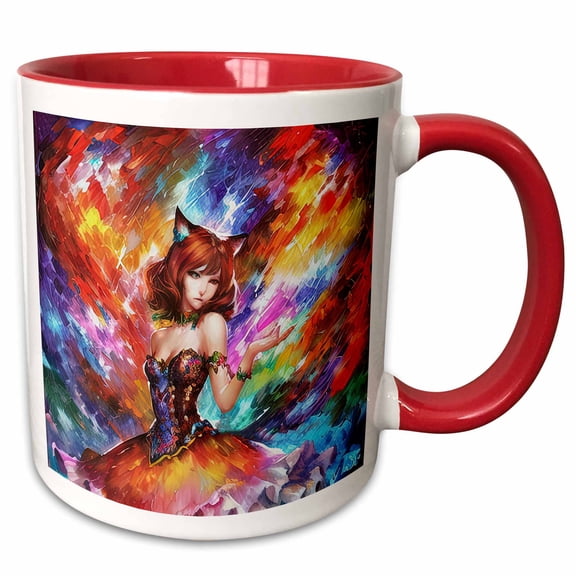 3drose, Cat Woman. Redhead Cat Lady, Festive Dress, Colorful Background Gift, 15oz Two-tone Red Mug