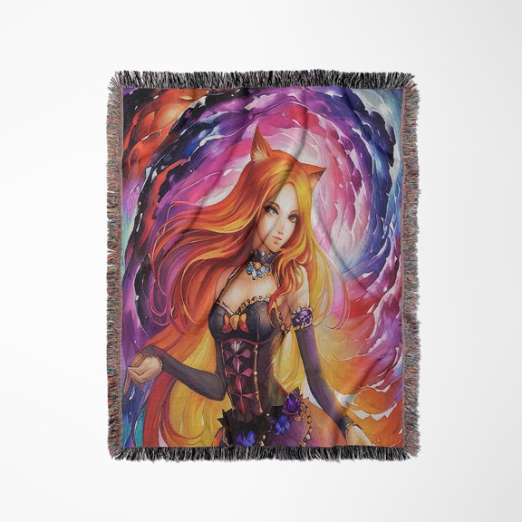 Cat Woman. Stunning Redhead Cat Girl Against The Purple Colors Gift, Woven Blanket