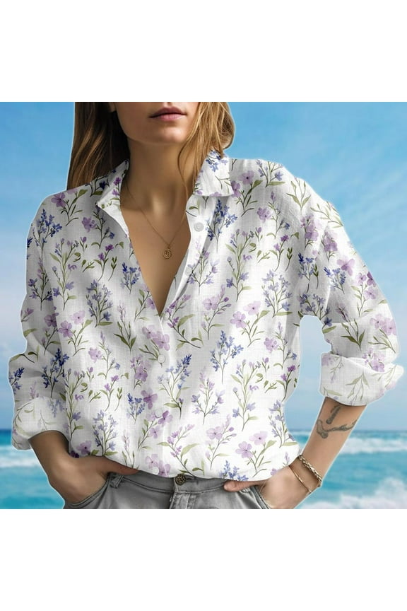 Soft Purple Floral Blouse Shirt, Botanical Women Shirt, Long Sleeve Button Women, Garden Style Spring Shirt, Birthday Gift For Her