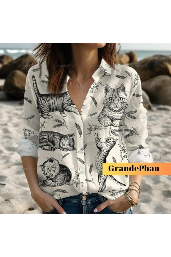 Cat Women Blouse Shirt, Cat Women Blouses, Cat Lover Shirt, Cat Button Up Shirt, Cat Mom Shirt, Animals Button Down Shirt For Vacation
