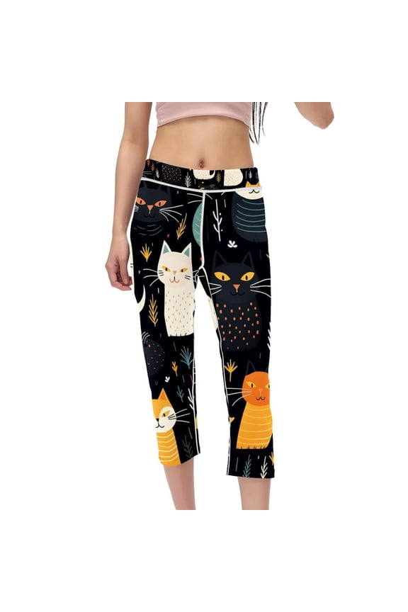 Cat Women Capris High Waist Printed Leggings for Running, Fitness, Yoga - Non-See-Through Cotton Pants