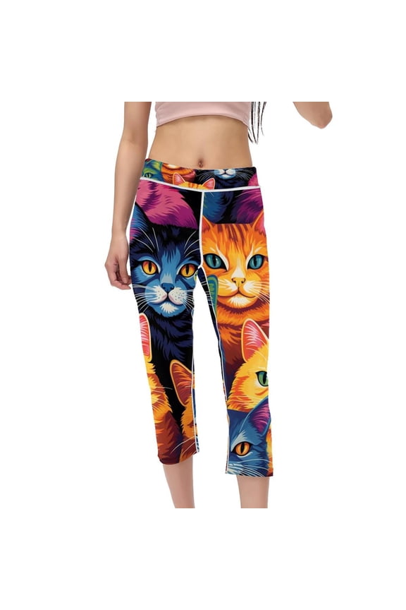 Cat Women Leggings - High Waist Capris, Not See-Through, Printed, Suitable for Running, Fitness, Yoga