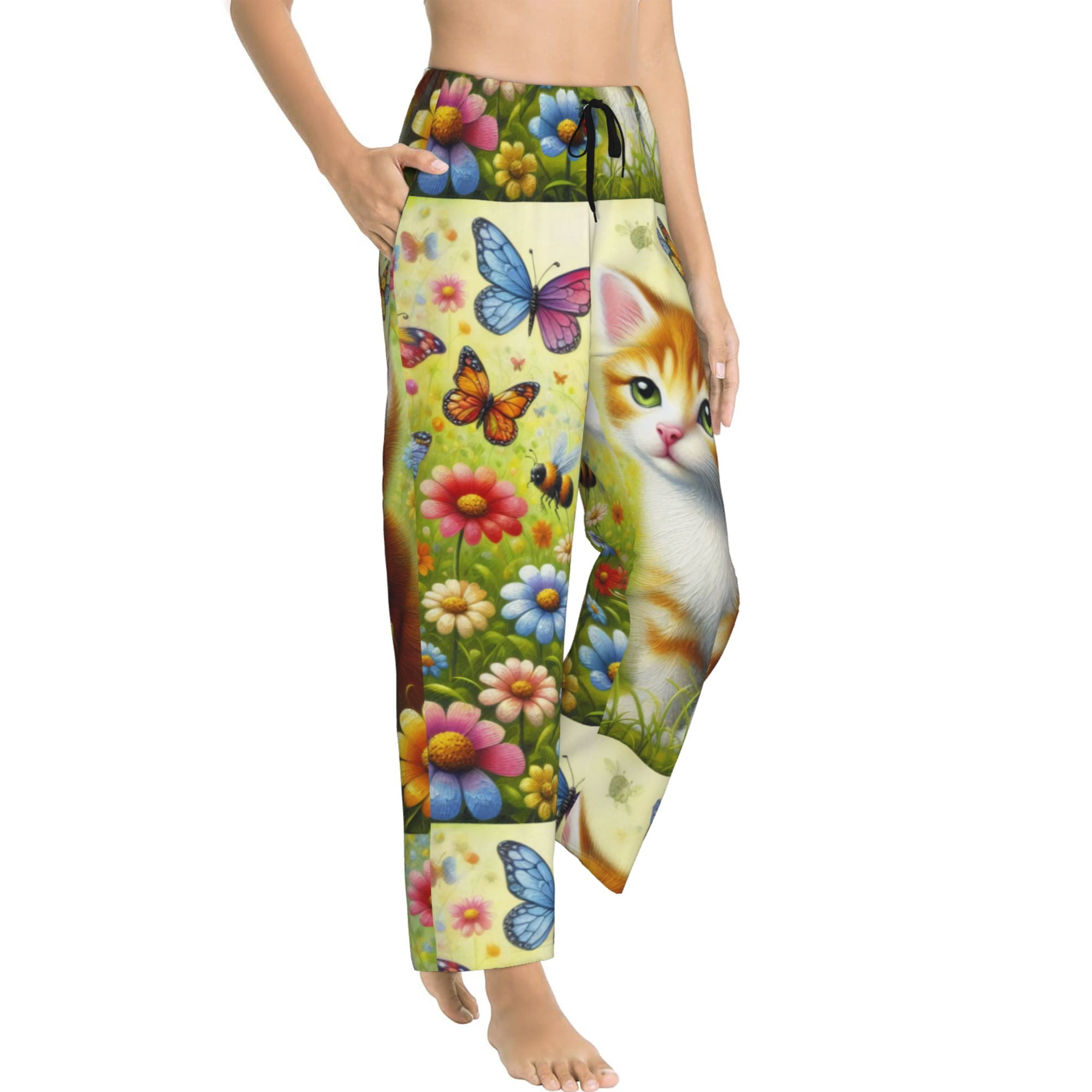 Cat Women'S Elastic Waistband Drawstring Tie Pajama Pants Wide Leg