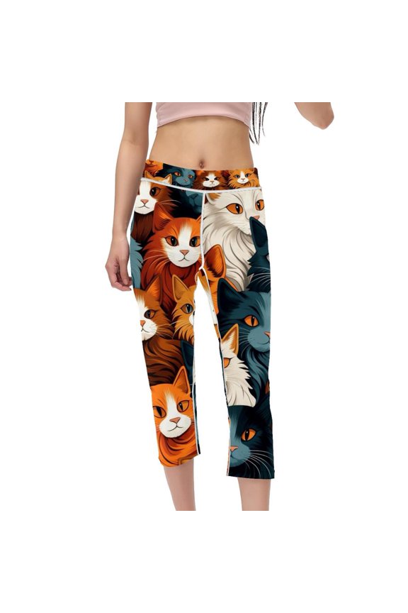 Cat Women's High Waist Capris Gym Leggings, Not See-Through Printed Pants for Running, Fitness, Yoga.