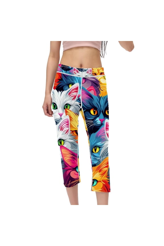 Cat Women's High Waist Capris Yoga Pants Printed Fitness Running Leggings Gym Leggings Non-See Through