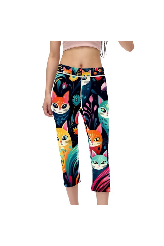 Cat Women's High Waist Capris Yoga Pants Women, Printed Non-See-Through Fitness Leggings for Running and Workout