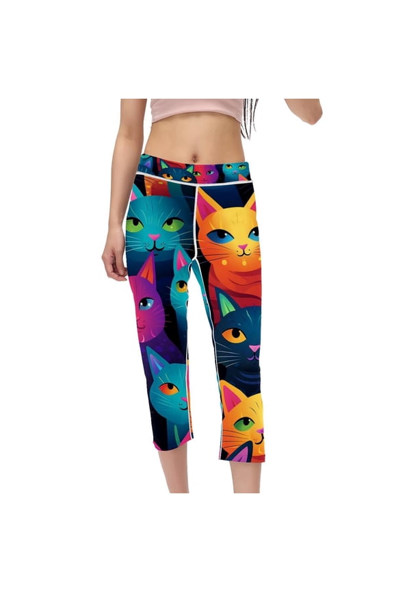 Cat Women's Printed High Waist Capris Gym Leggings - Suitable for Running, Fitness, Yoga - Not See-Through Compression Leggings for Women