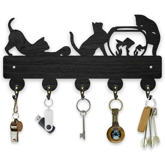 Cat Wooden Key Holder Animal Key Hanger 11.8x7.9 Cat Fish Decorative Key Holder Rack Wall Mounted Wood Key Display Holder with 5 Hooks and Screws
