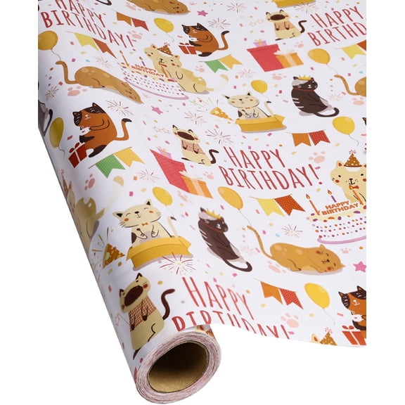 Cat Wrapping Paper 17 inch X 10 ft Mini Roll for Girls and Boys, Cool Cute Cats Design Kids Happy Birthday Wrapping Paper Roll Kitten Gift Wrap Paper, Suitable for Birthdays, Parties, Baby Showers