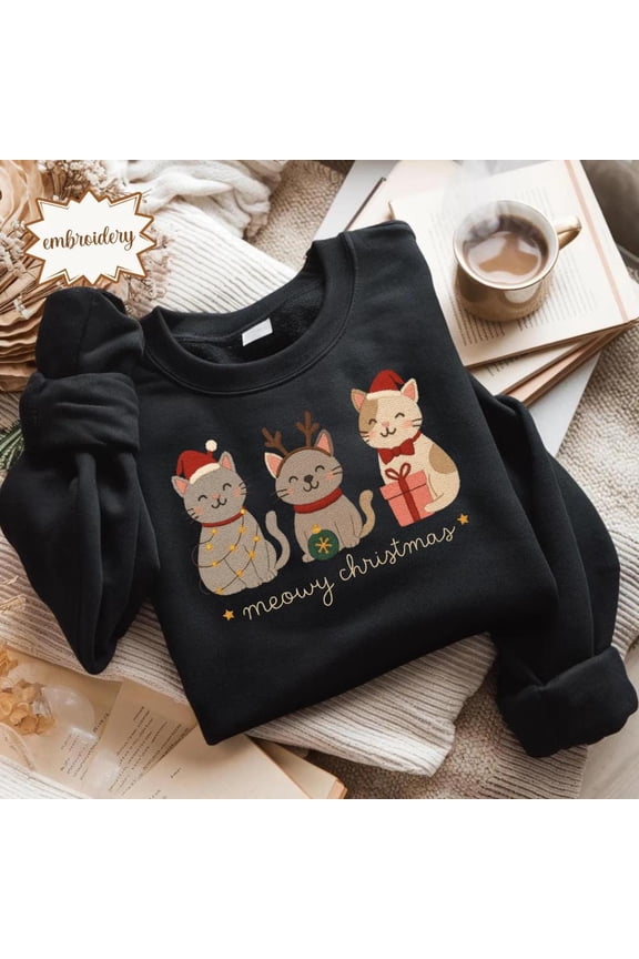 Cat Xmas Embroidered Sweatshirt, Meowy Christmas Embroidery Shirt, Cute Cat Mom Stitch Top, Holiday Cat Lover Gift for Women