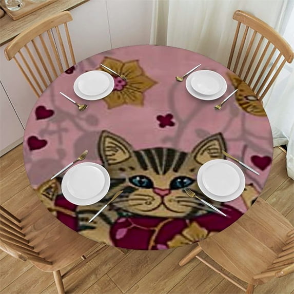 Cat Yarn Ball Cute Round Fitted Tablecloth Elastic Edge Waterproof Oil-Proof Table Cover Stain-Resistant Table