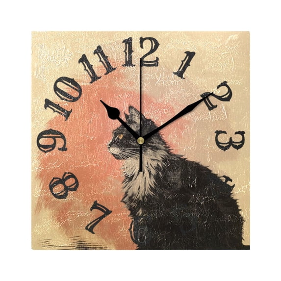 Cat Yellow Wall Clock Square Silent Non Ticking Battery Operated Clock for Home Bathroom Kitchen Bedroom Living Room