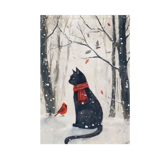 Cat and Bird in Winter Garden Flag House Banner 12" x 18" Double Sided Outdoor Yard Decoration