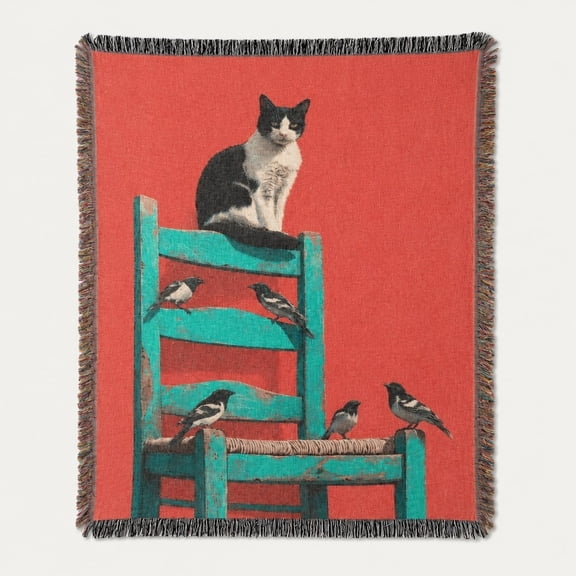 Cat and Birds Woven Cotton Throw Blanket with Fringed Edges – 3 Sizes