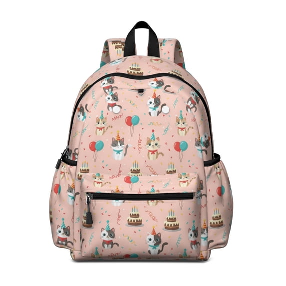 Cat and Birthday Pink Pattern Cute School Backpack with Padded Back and Adjustable Shoulder Straps 13.4"x11"x4.7"
