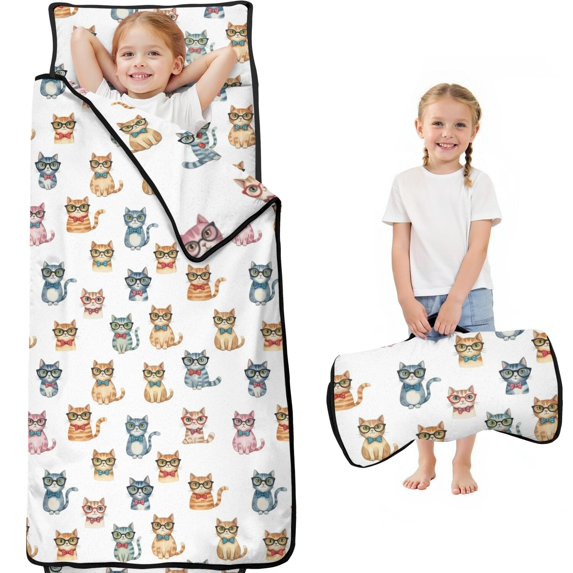 Cat and Bowtie White Pattern Teens Toddler Nap Mat with Pillow, Sleeping Mat Bag for Preschool Daycare 60"x20"