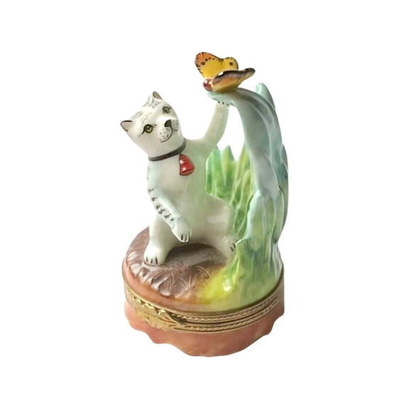 Cat and Butterfly Porcelain Limoges Trinket Box Gift Limoges Box Porcelain Figurine
