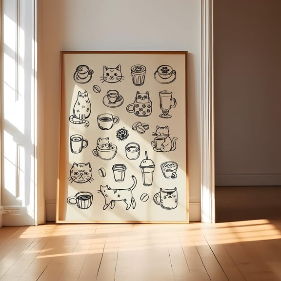 Cat and Coffee Wall Art , Kitchen Decor for Cat Lovers, Illustrated Decoration for Coffee Corner, Coffee Cart Poster, Cafe Decor Unframed Paper Print
