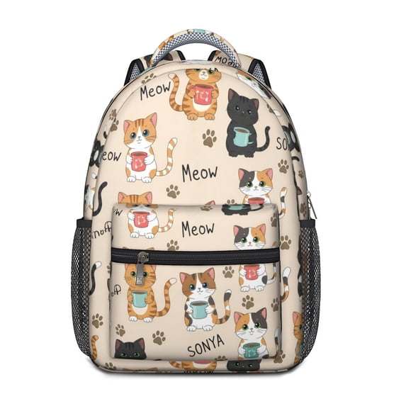 Cat and Cup Beige Pattern Backpack for School, Cute School Bag with Adjustable Shoulder Straps and Padded Back, 15.3"x11"x6.7"