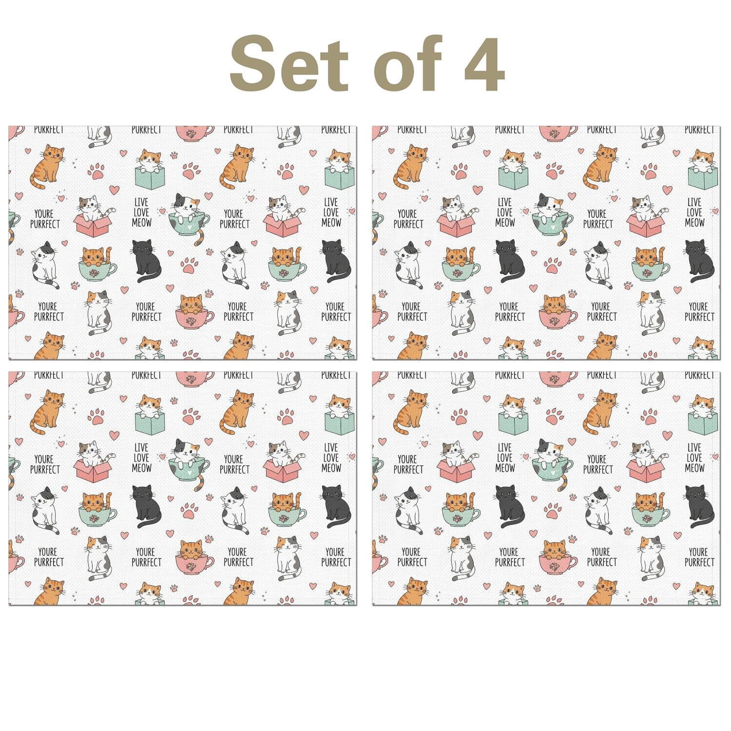 White Electronic Pattern Cat and Cup White Pattern Linen-look Placemats Set Of 4, Restaurant ...