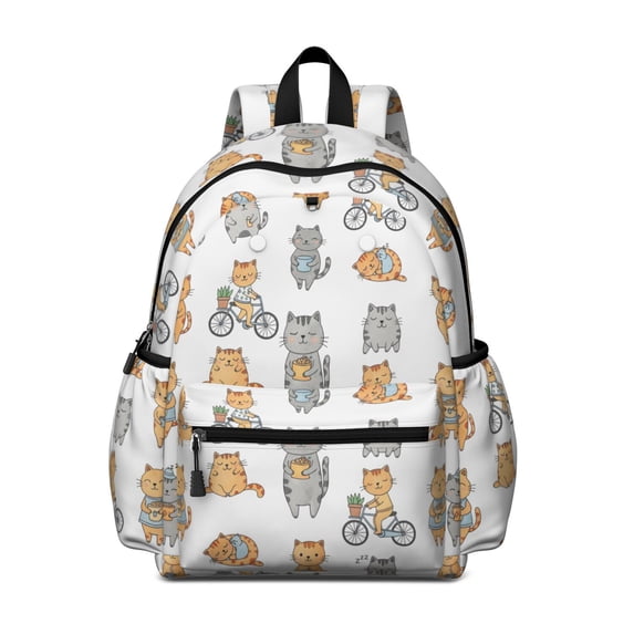 Cat and Daily Activity White Pattern Cute School Backpack with Padded Back and Adjustable Shoulder Straps 13.4"x11"x4.7"