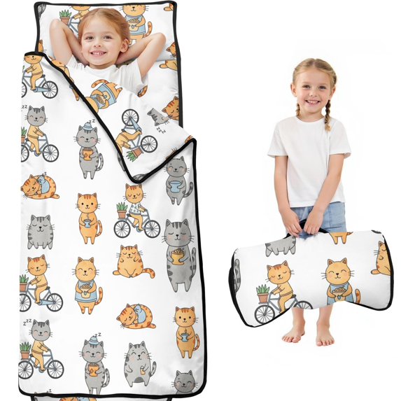 Cat and Daily Activity White Pattern Teens Toddler Nap Mat with Pillow, Sleeping Mat Bag for Preschool Daycare 59"x22"