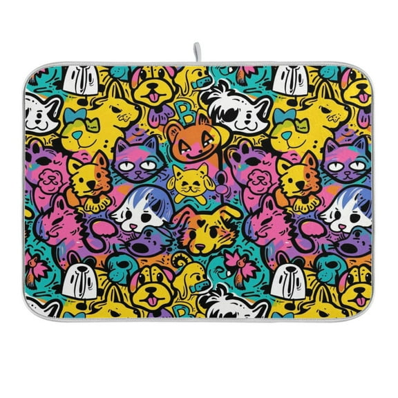 Cat and Dog Graffiti Dish Drying Mat 16x18 Absorbent Microfiber Draining Rack Pad for Kitchen Counter Sink