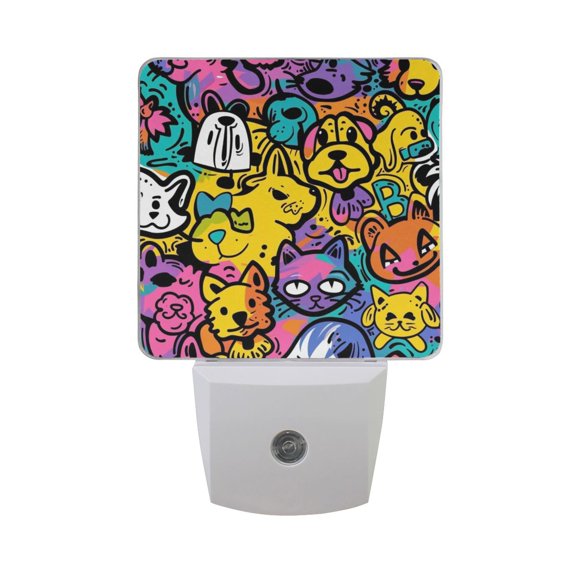 Cat and Dog Graffiti Night Light 2 Pack LED Nightlight Plug into Wall Dusk to Dawn Sensor Soft White