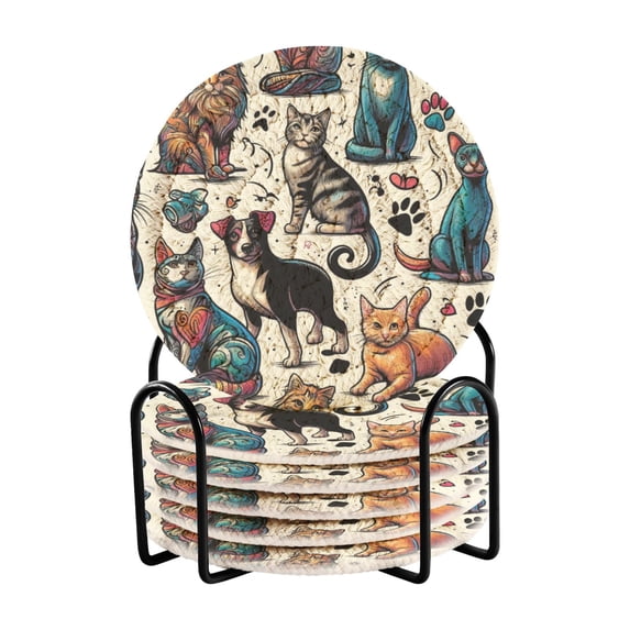 Cat and Dog Paw Coasters with Holder for Coffee Table 6 Pcs Drink Coaster Sets Absorbent for Home Decor 4 inch