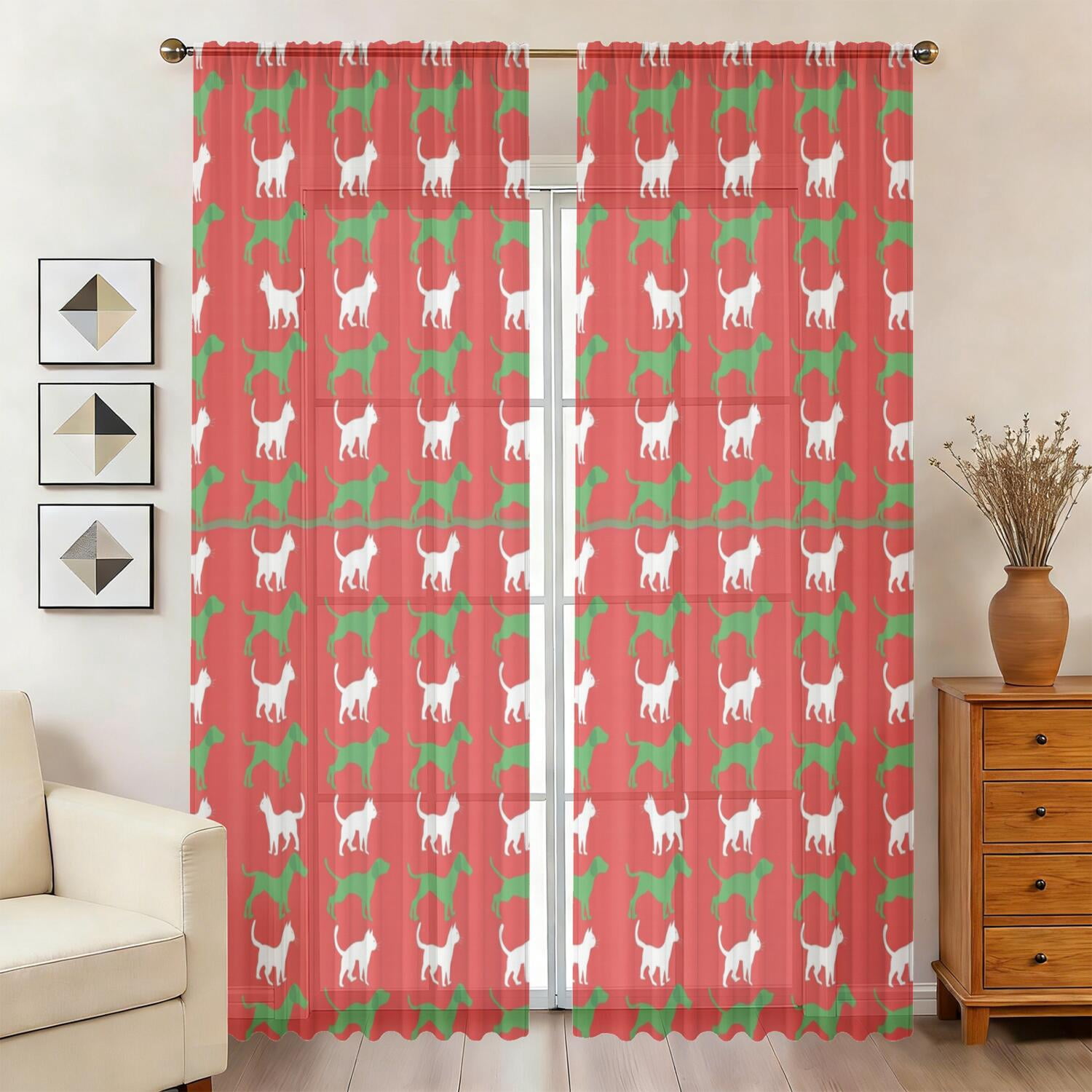English Red Pattern Cat and Dog Red Pattern Sheer Curtains, Rod Pocket Sheer Drapes with ...
