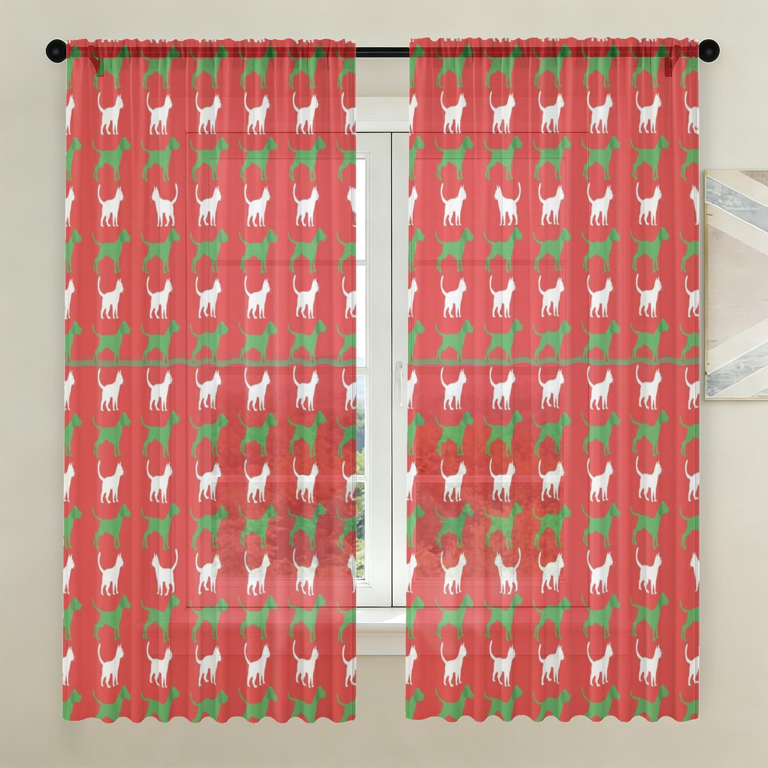 English Red Pattern Cat and Dog Red Pattern Sheer Curtains, Sheer Curtain Panels with Dual ...