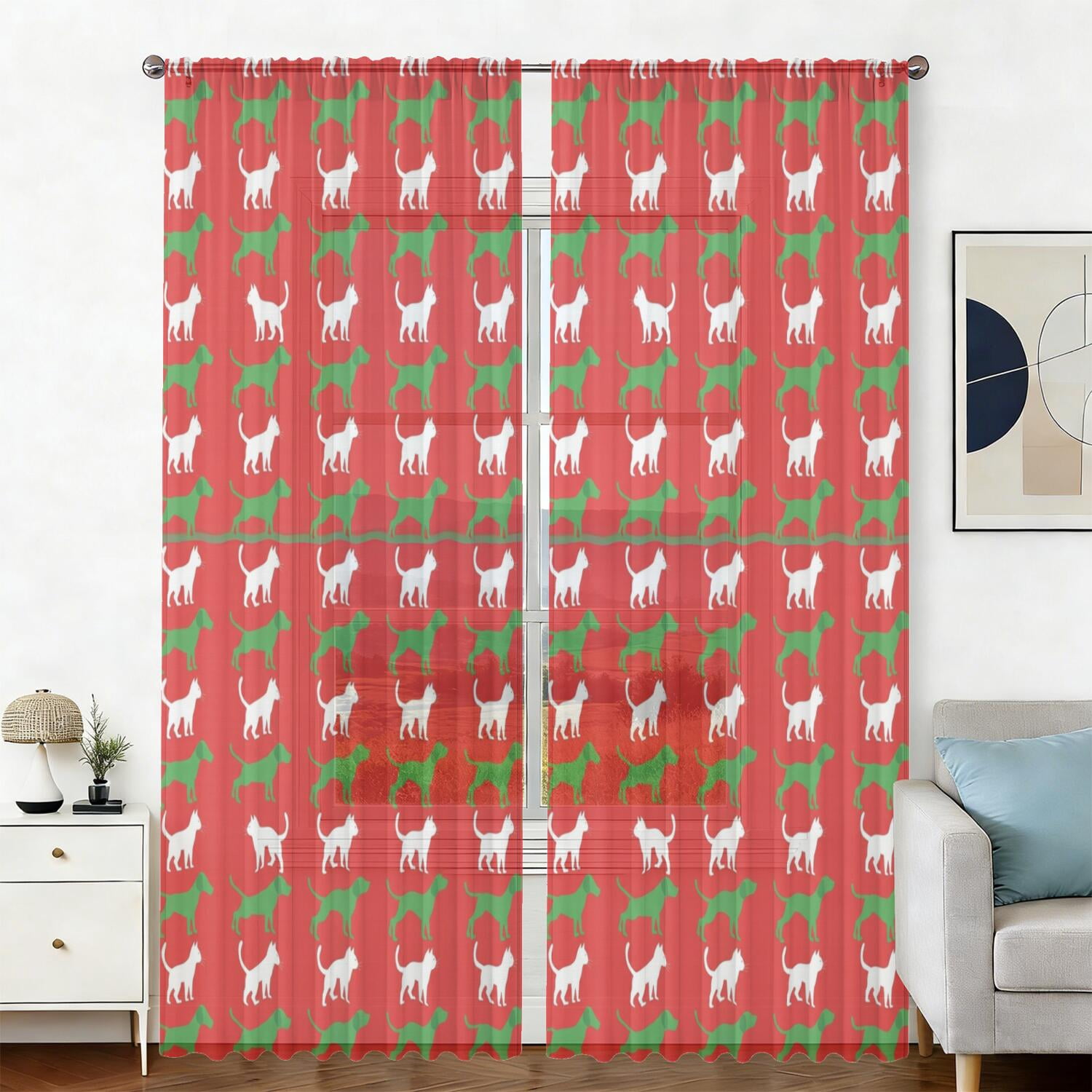 English Red Pattern Cat and Dog Red Pattern Sheer Curtains, Sheer Curtain Panels with Dual ...