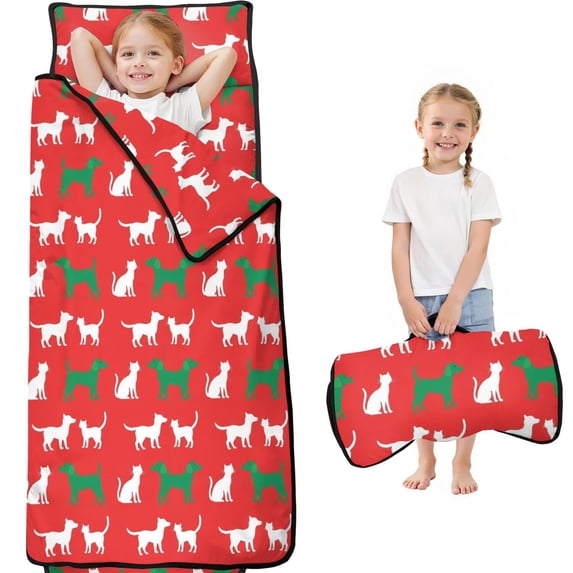 Cat and Dog Red Pattern Teens Toddler Nap Mat with Pillow, Sleeping Mat Bag for Preschool Daycare 59"x22"