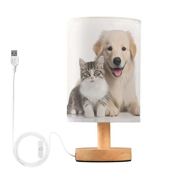 Cat and Dog Table Lamp USB Bedside Desk Nightstand Lamp Printed Gifts Small Lamp Wood Base for Bedroom Living Room Kids Room College Dorm
