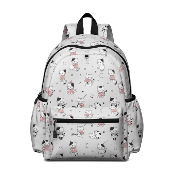 Cat and Fan White Pattern Cute School Backpack with Padded Back and Adjustable Shoulder Straps 13.4"x11"x4.7"