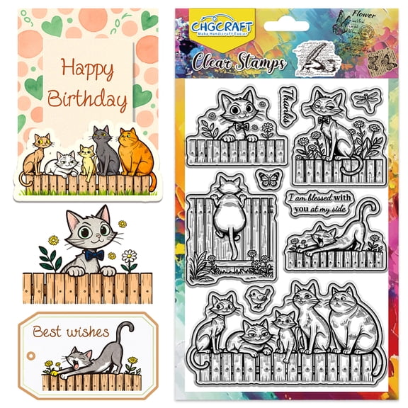Cat and Fence Clear Stamps Daisy Flowers Transparent Stamps Cat Border Silicone Clear Stamp Seals