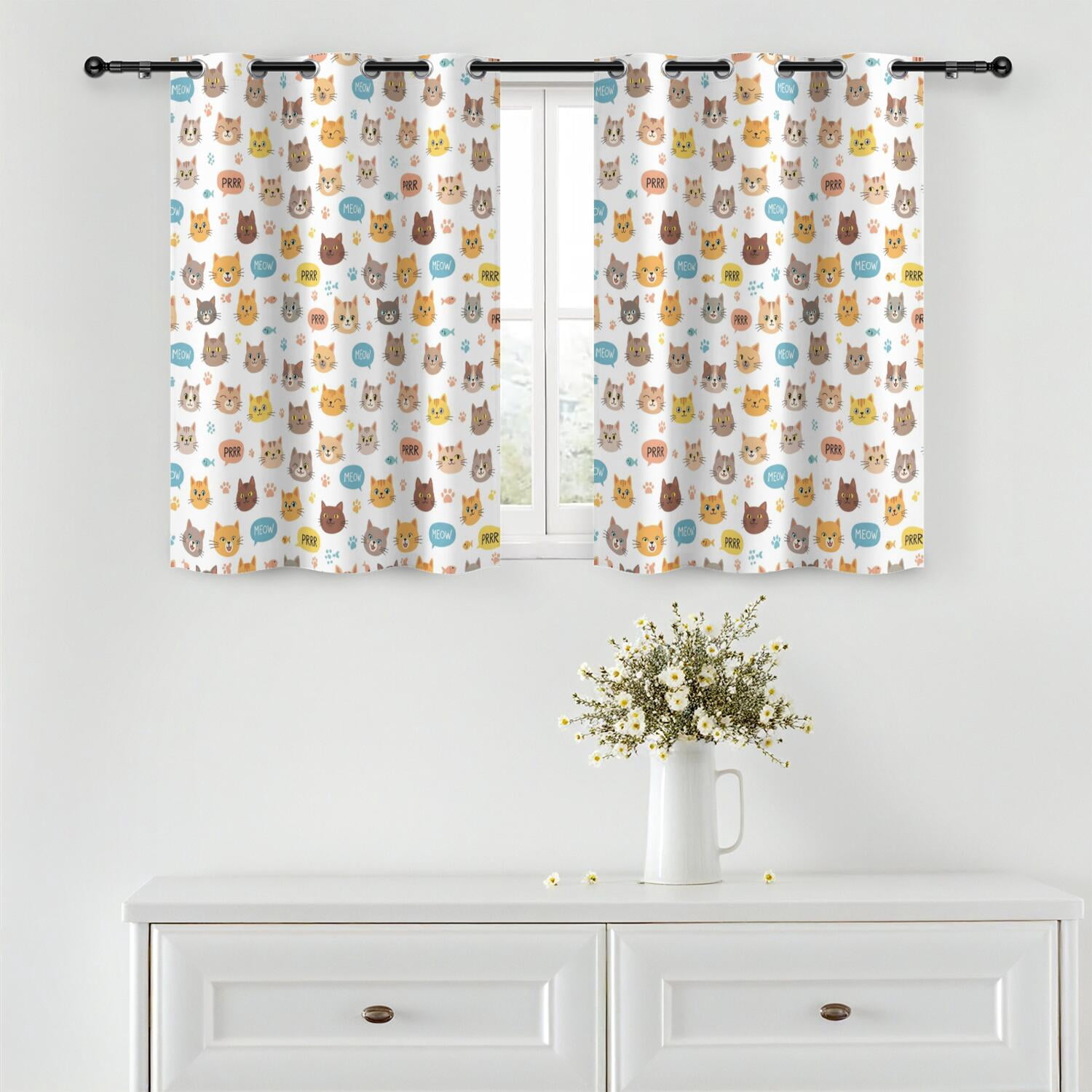 Cat and Fish White Pattern Blackout Curtains,Triple Weaved Fabric ...