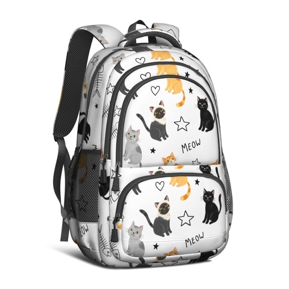 Cat and Fishbone Meow White Pattern Backpack for School, Cute School Bag with Adjustable Shoulder Straps and Padded Back, 16.9"x12.6"x5.9"