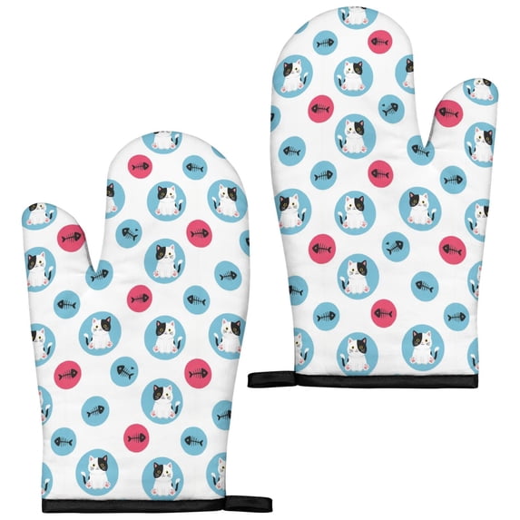 Witite Pattern Cat and Fishbone White Pattern Cute Oven Mitts 2-Pack Set, Heat ...