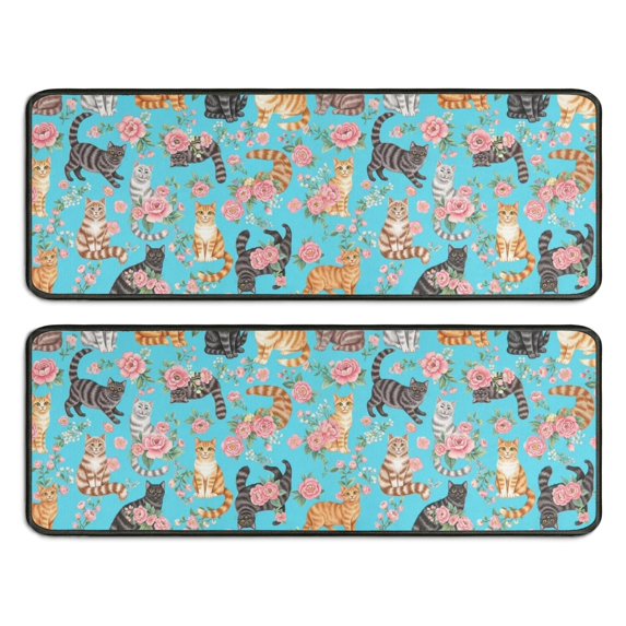 Cat and Flower Blue Pattern Anti Fatigue Kitchen Rugs Set Of 2, Non Slip Washable Decorative Floor Mats for Sink Laundry and Home Use, 17"x47"