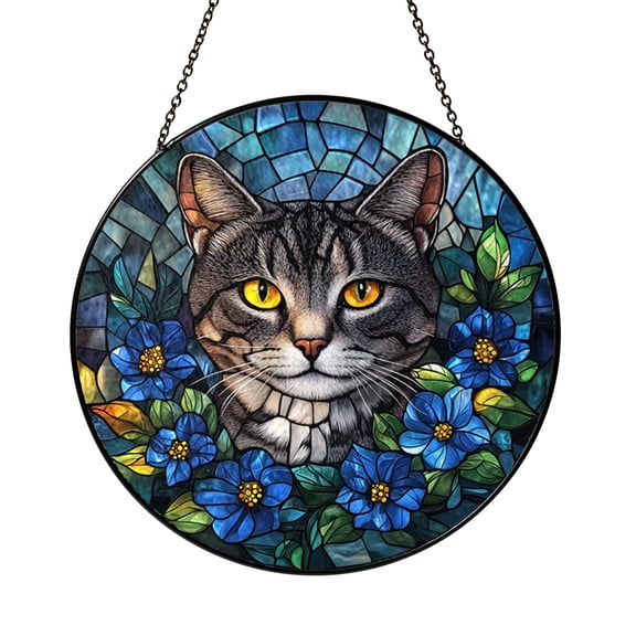 Cat and Flower Stained Glass Style Panel – Artistic Window Accent