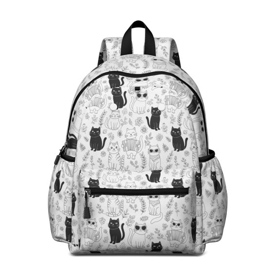 Cat and Flower White Pattern Cute School Backpack with Padded Back and Adjustable Shoulder Straps 13.4"x11"x4.7"