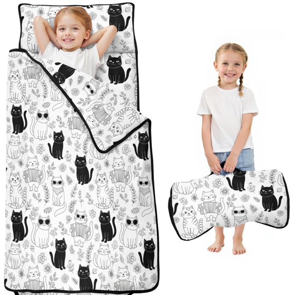 Cat and Flower White Pattern Teens Toddler Nap Mat with Pillow, Sleeping Mat Bag for Preschool Daycare 51"x22"