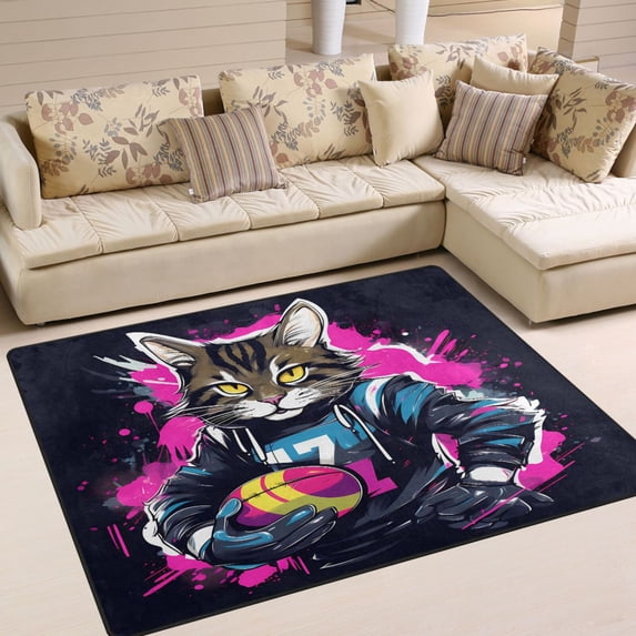 Cat and Football Area Rug Washable 80 x 58 Floor Carpet Mat Non Slip for Bedroom Living Room Home Decor
