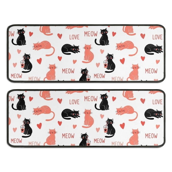 Cat and Heart White Pattern Anti Fatigue Kitchen Rugs Set Of 2, Non Slip Washable Decorative Floor Mats for Sink Laundry and Home Use, 17"x47"
