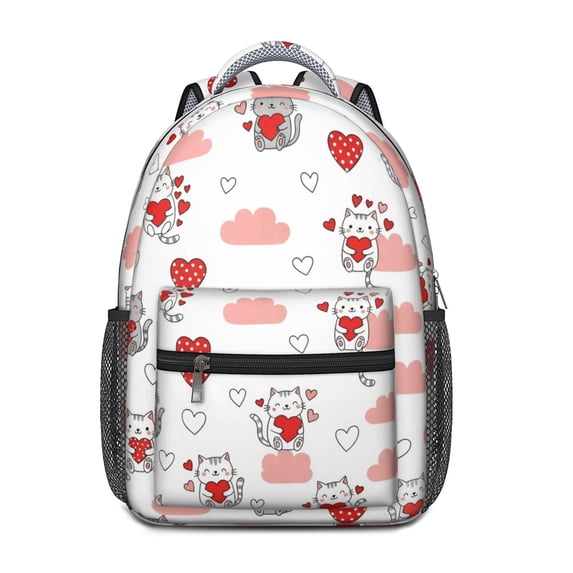 Cat and Heart White Pattern Backpack for School, Cute School Bag with Adjustable Shoulder Straps and Padded Back, 15.3"x11"x6.7"