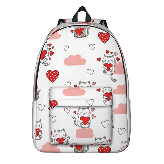 Cat and Heart White Pattern Backpack for School, Cute School Bag with Adjustable Shoulder Straps and Padded Back, 15.7"x11.8"x5.5"