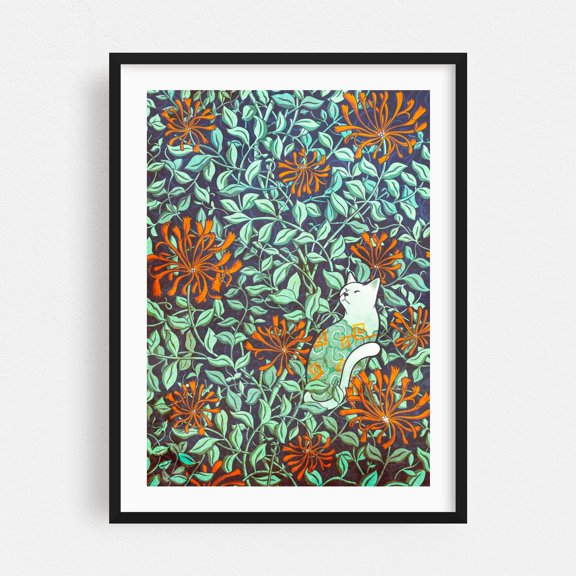 Cat and Honey Suckle - Illustration Floral Cat Botanical Pattern Surrealism Nature Black Framed Wall Art Print 9 x 12 inches