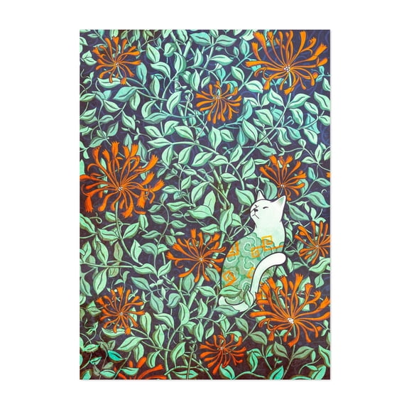 Cat and Honey Suckle - Illustration Floral Cat Botanical Pattern Surrealism Nature Unframed Wall Art Print 5 x 7 inches